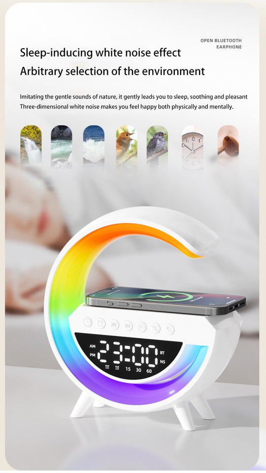 LAMPARA Y RELOJ DESPERTADOR CON CARGA INALAMBRICA PARA CELULAR Y AIRPODS